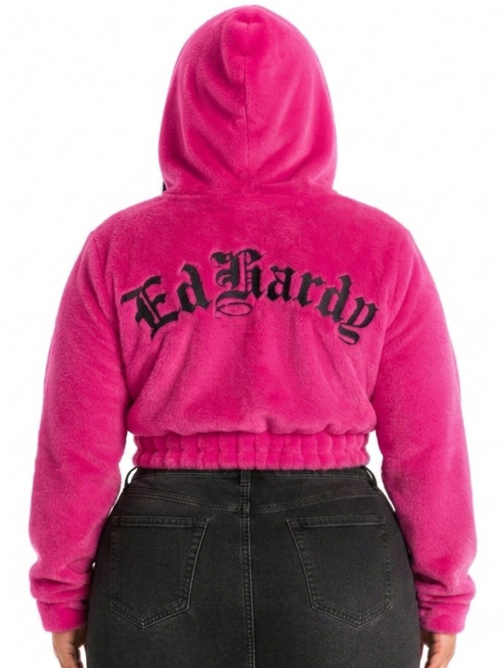 ED HARDY Hot Pink Faux Fur Cropped Hoodie Jacket Y2K Glam Streetwear Women's 2X